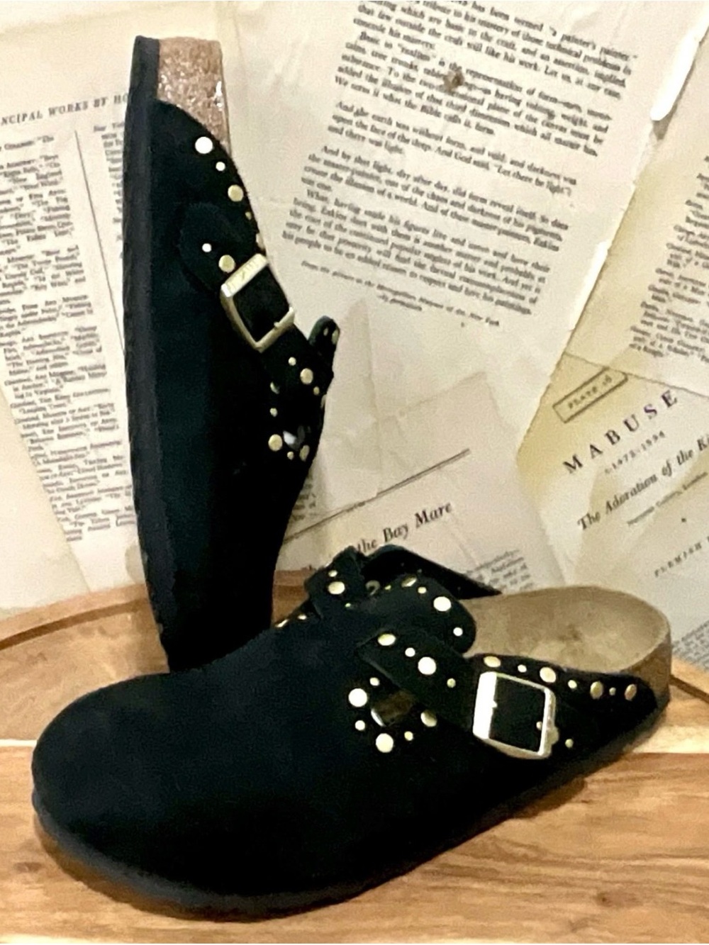 Free People Birkenstock Boston Rivets Clog Black Suede Brass Matte Studs - Picture 5 of 9